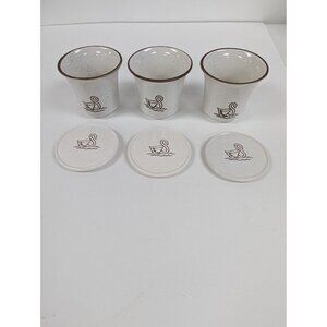 Vintage Schwans 3 1/4" Set of 3 Cups Mugs Lids Trivets Cream Speckled Brown Swan